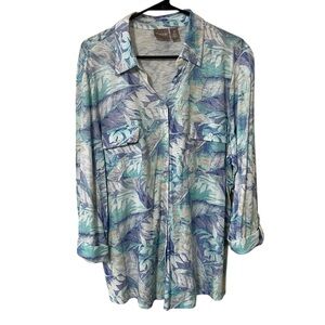 Chico's Size 3 XL Button Up Shirt Purple Teal Floral 3/4 Sleeve Pockets